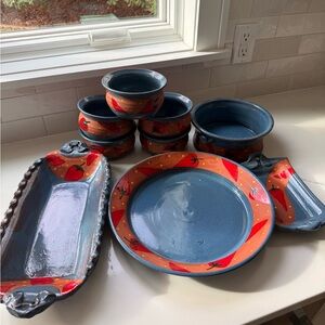 Vintage hand painted redware pottery set